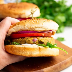 square image of a burger with a hand holding it