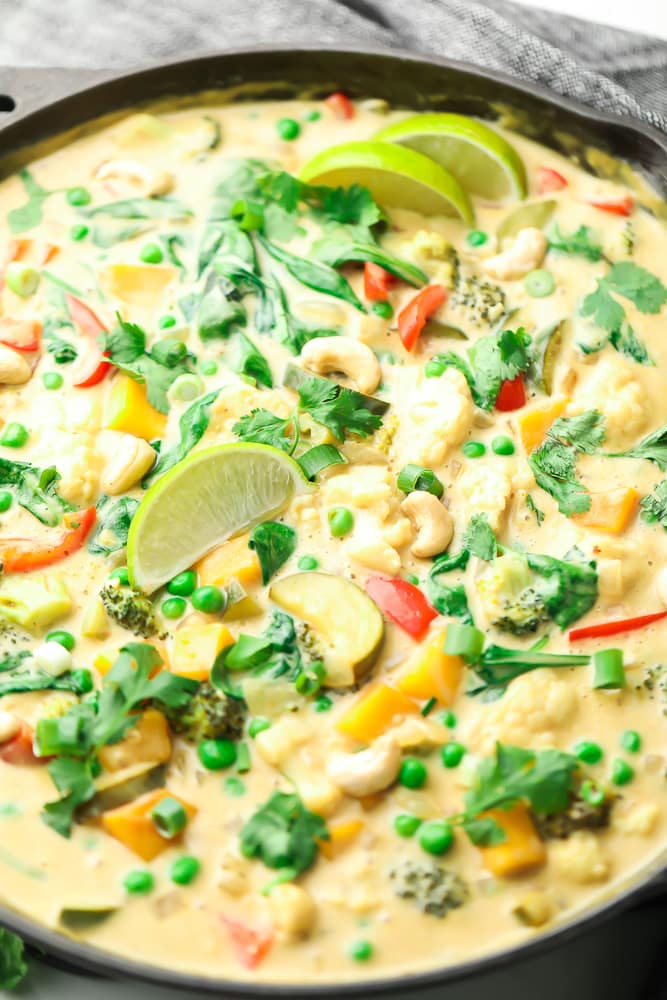 green curry close up in a pan