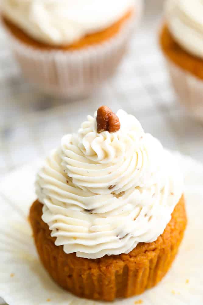 close up of frosting on vegan pumpkin cupcake