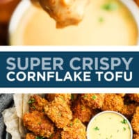 Pinterest collage with text of cornflake tofu