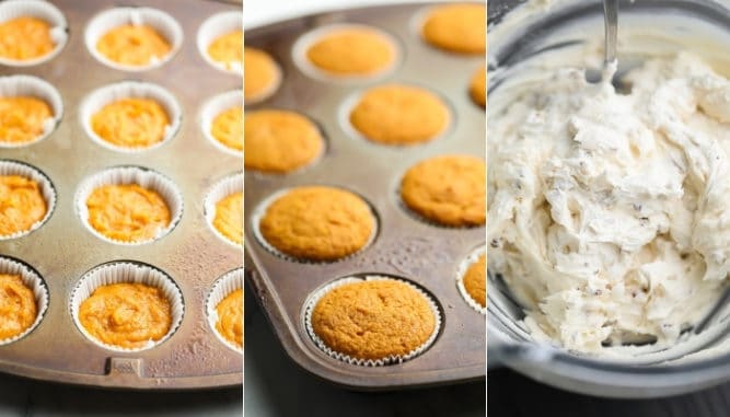 collage of uncooked, then cooked cupcakes in pan and frosting in a bowl