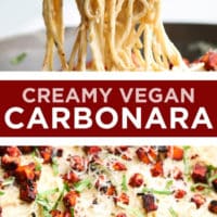 Pinterest collage with text of creamy vegan carbonara