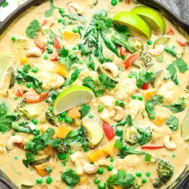 square image on a pan with creamy curry and limes