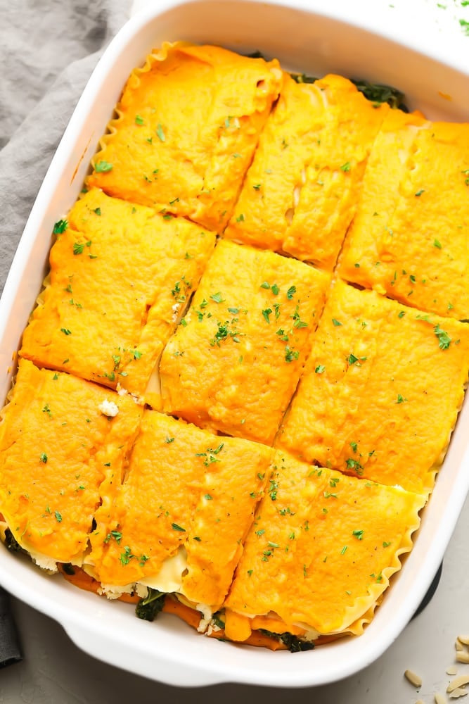 looking down on a big dish filled with butternut squash lasagna