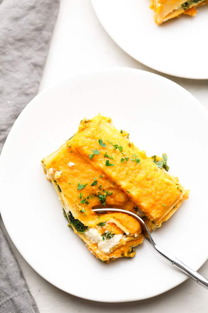 plate with orange topped lasagna sprinkled with parsley