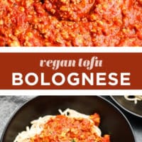 Pinterest collage with text of tofu bolognese, vegan