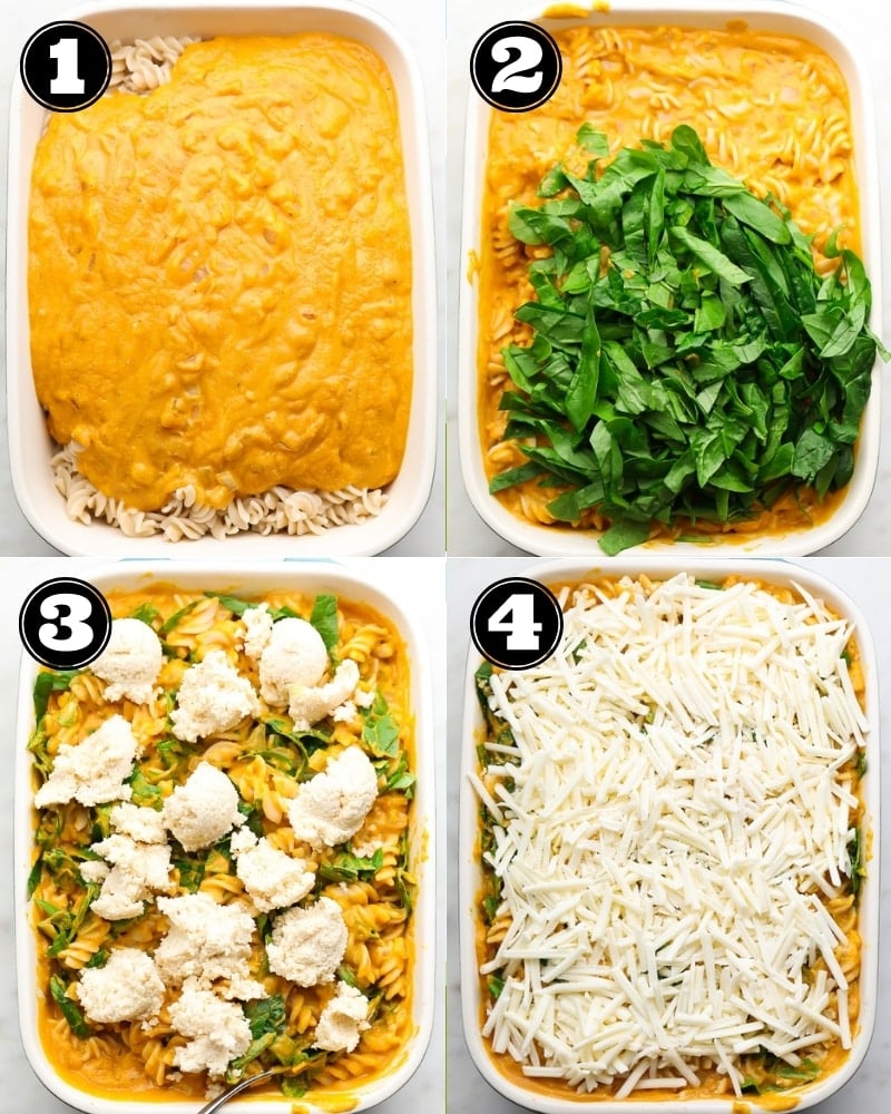 collage showing step by step instructions of pasta bake