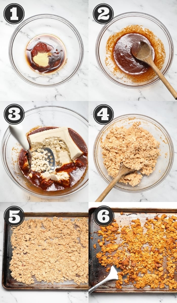 collage of how to make vegan bolognese with tofu step by step