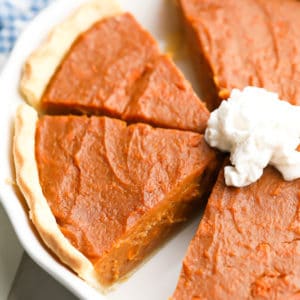 square image of sweet potato pie, cut in pan