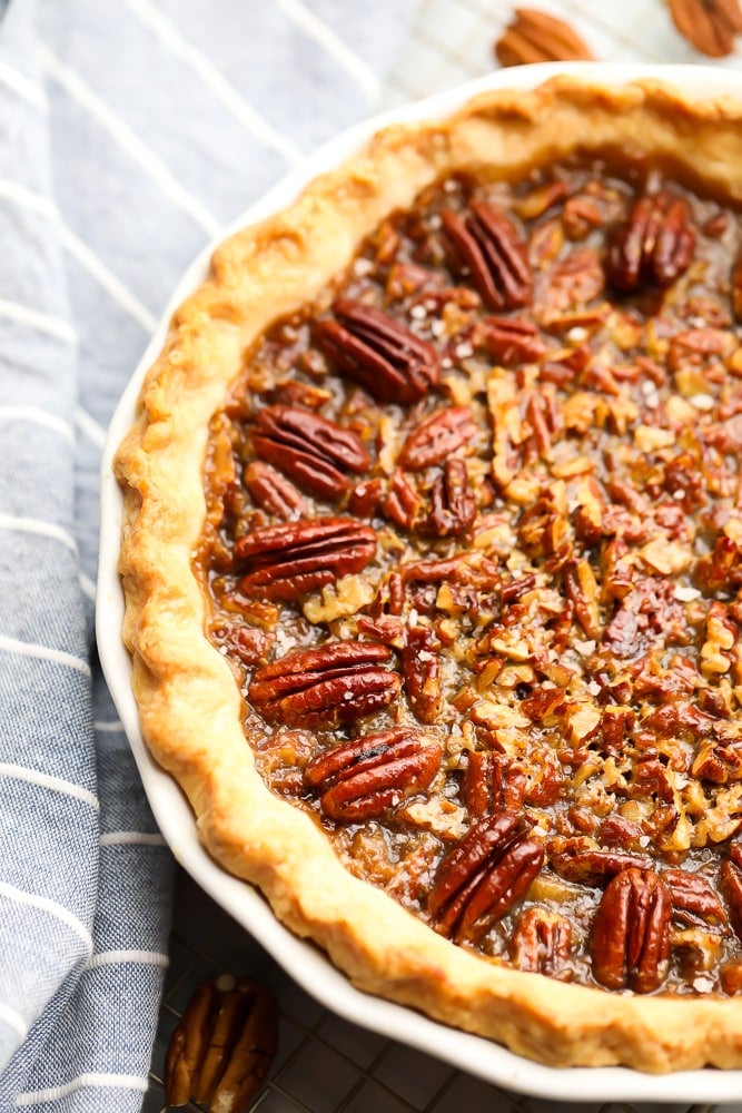 close up of a vegan pecan pie