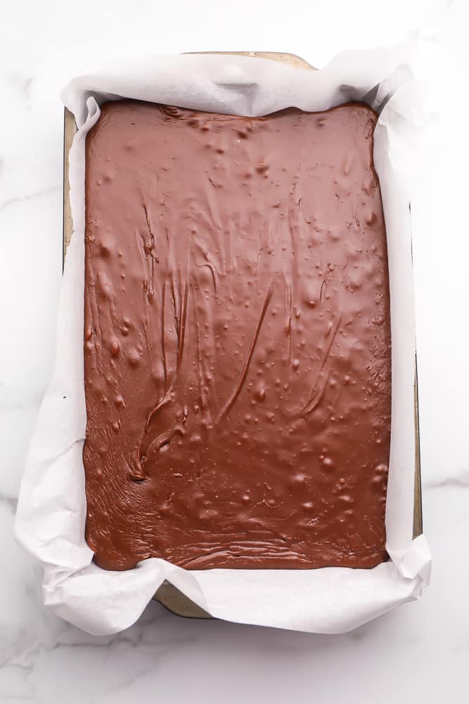 uncut fudge in a pan, hardened