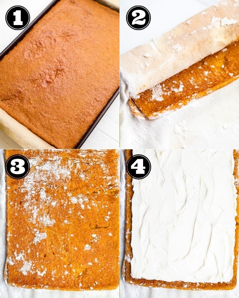 collage of how to make vegan pumpkin roll step by step