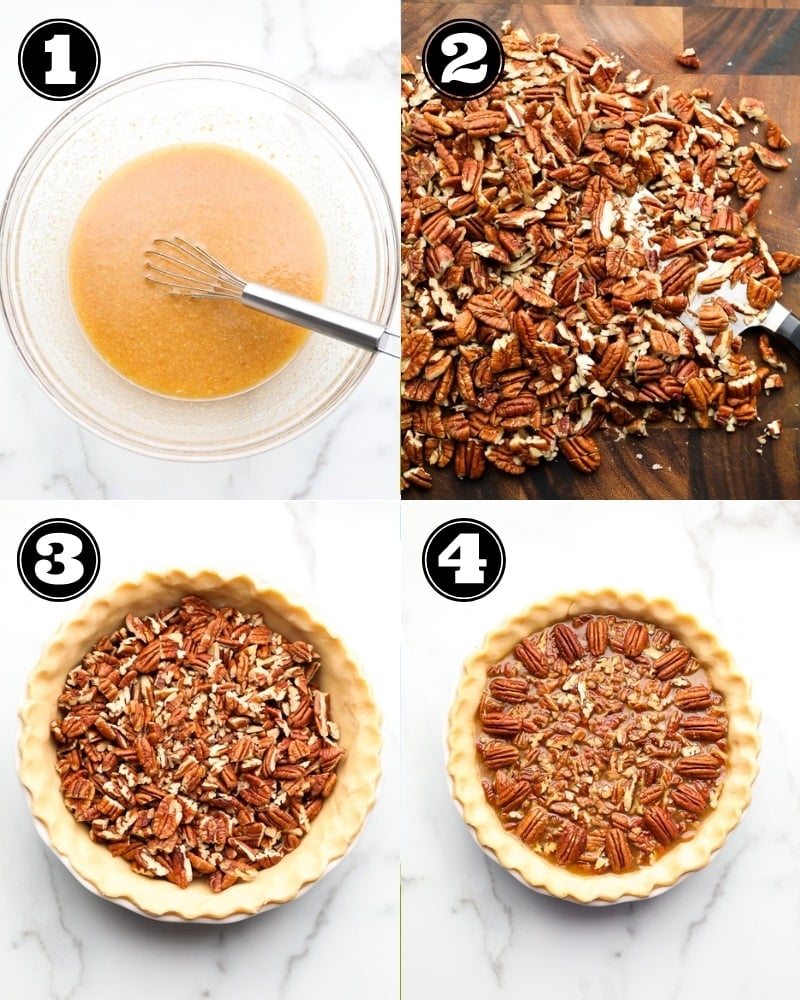 collage of how to make vegan pecan pie, step by step