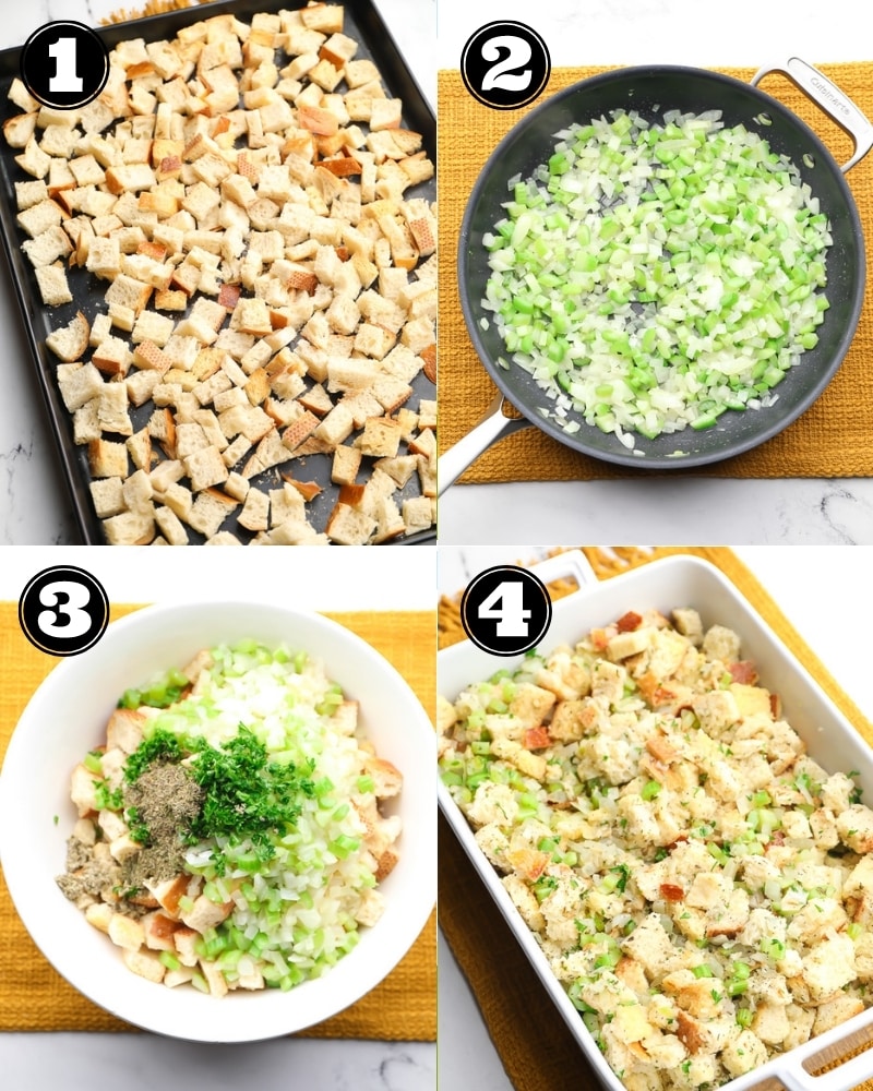 4 images showing how to make vegan stuffing.