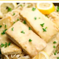 Pinterest photo with text on top of tofu over pasta