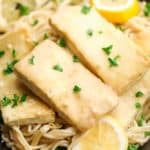 square photo of lemon tofu over pasta