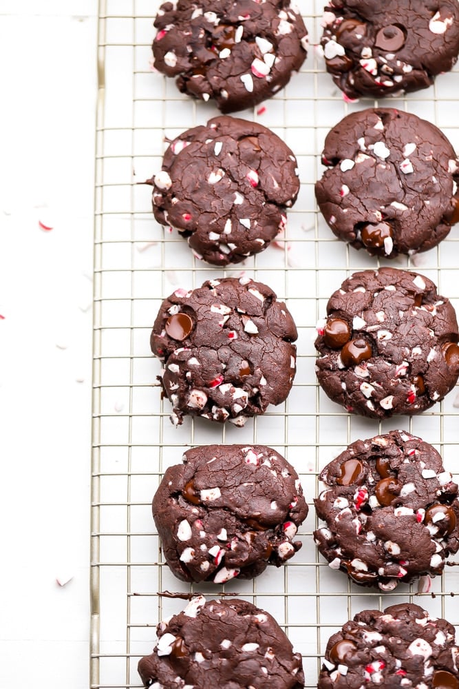 chocolate cookies with candy canes cooling on a rack