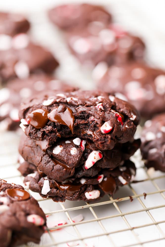 chocolate peppermint cookies, one bit into, with candy cane pieces