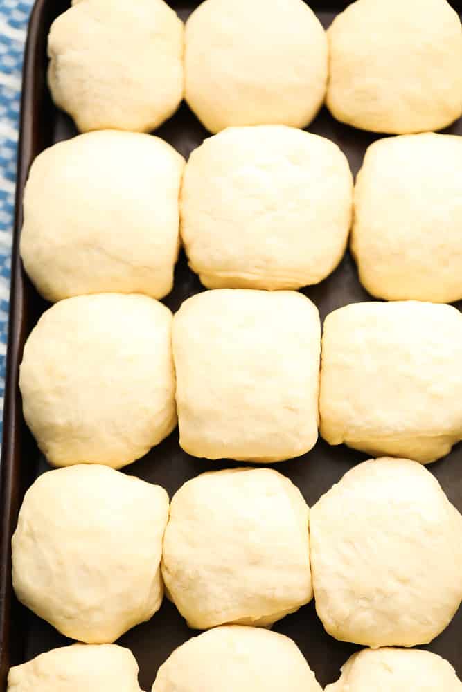 pan full of dinner roll dough in balls