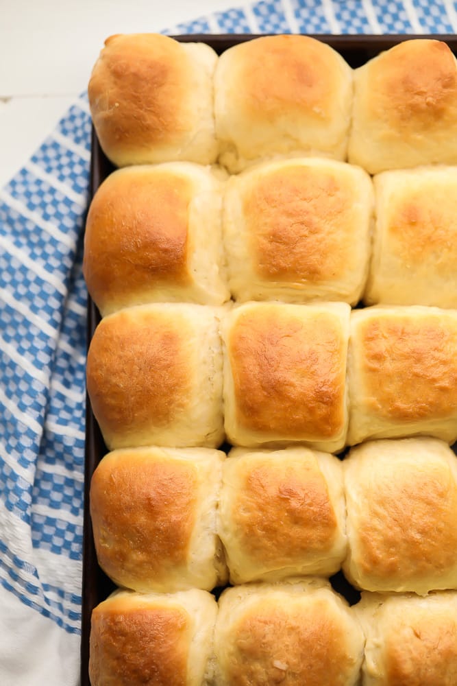 looking down on a pan of many rolls