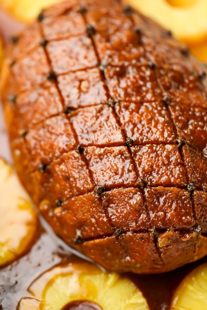 close up of seitan roast with cloves and glaze