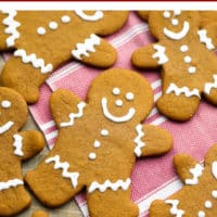 Pinterest image with text of gingerbread people