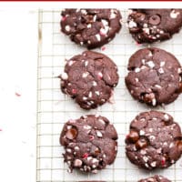 Pinterest image with text overlay of chocolate cookies with peppermint candy canes