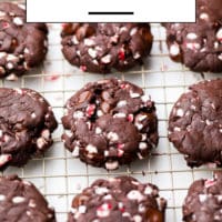 Pinterest image with text overlay of chocolate cookies with peppermint candy canes
