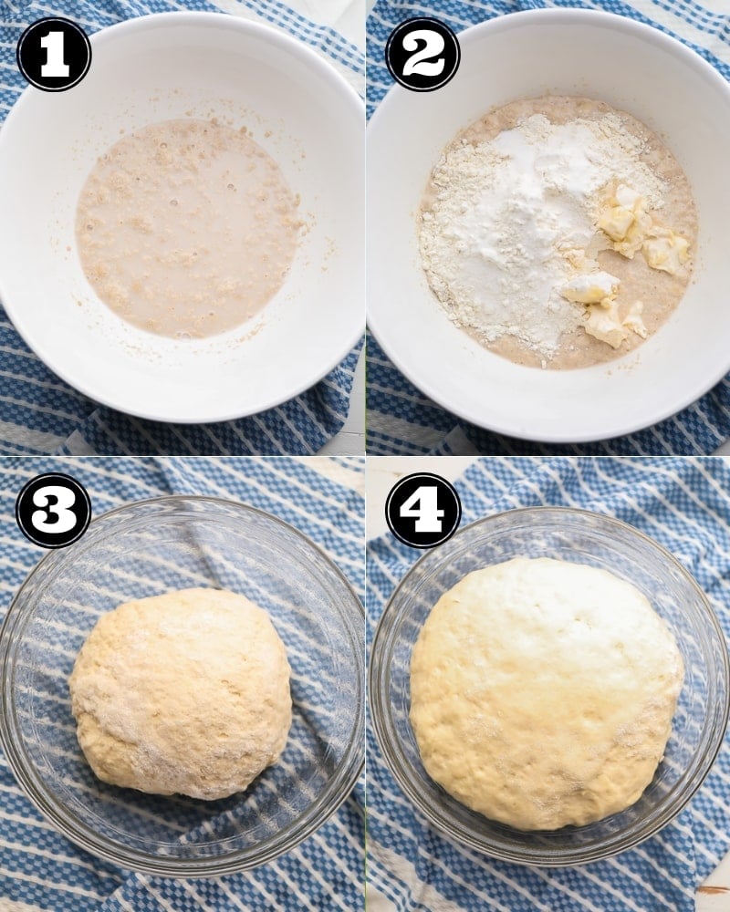 collage showing how to make dinner roll dough