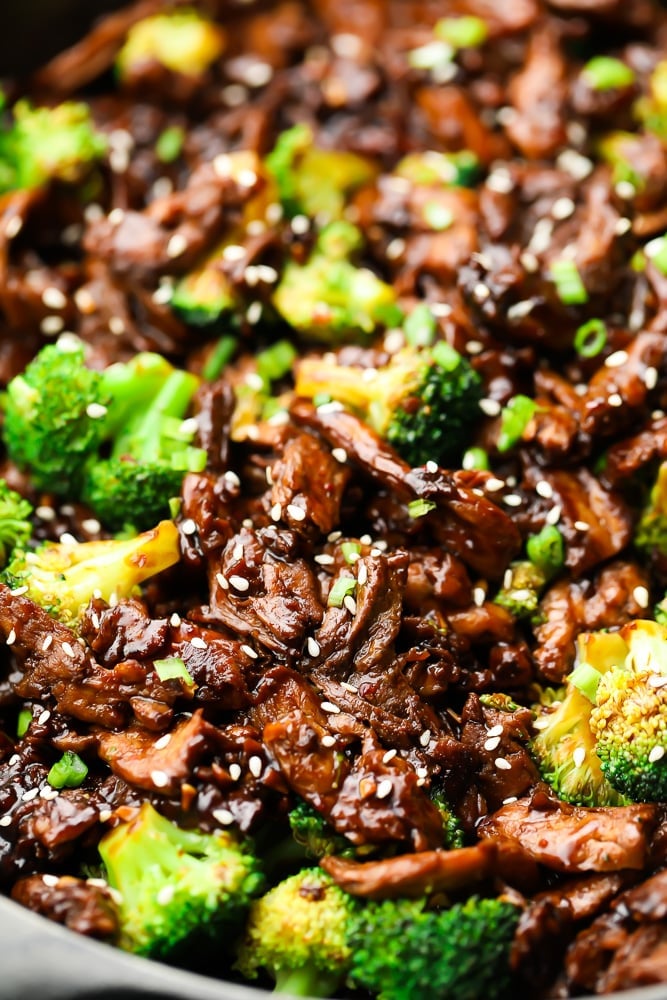 close up of soy curls and broccoli in pan