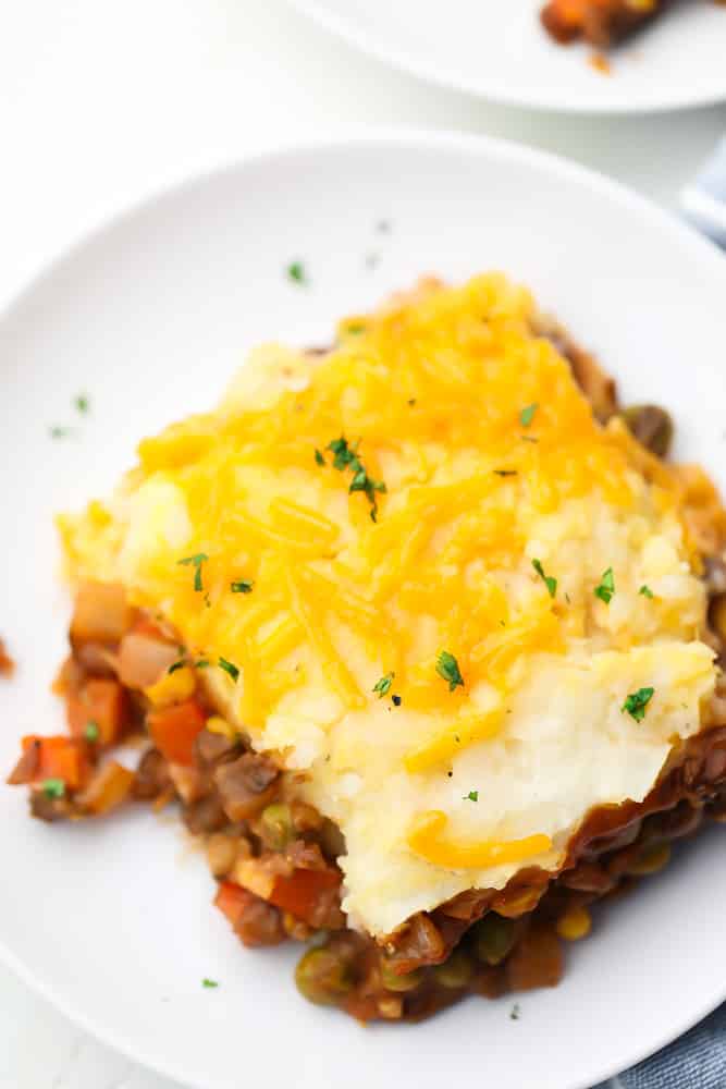 square of mashed potato lentil mixture on plate