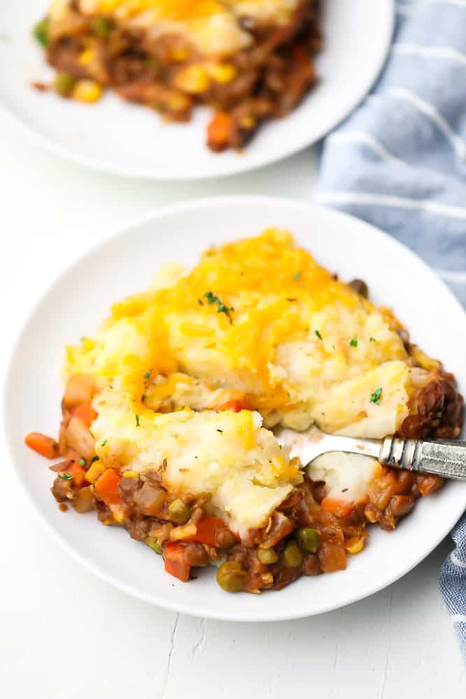 white plate with a fork taking a bite of a casserole