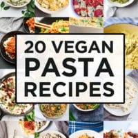 long collage of vegan pasta with text box