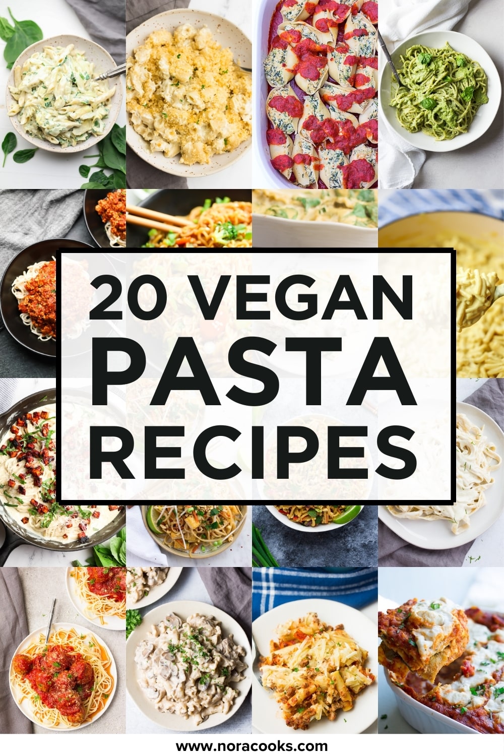 long collage of vegan pasta with text box