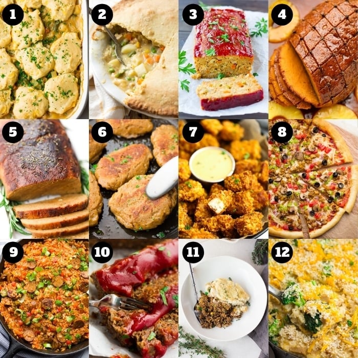 12 photo collage of vegan comfort food recipes