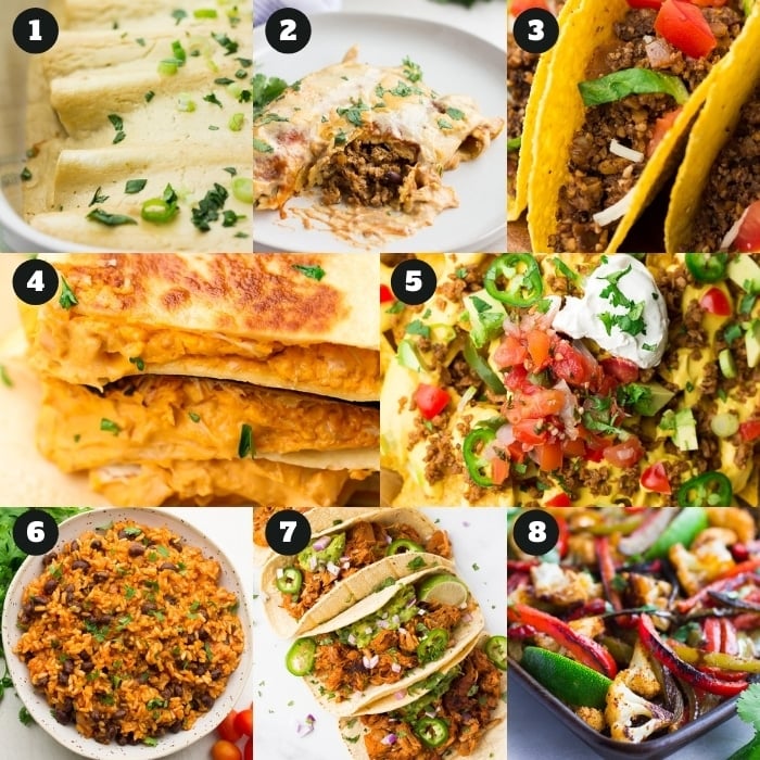 8 photo collage of vegan recipes, mexican recipes.