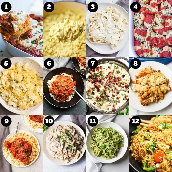 12 photo collage of pasta dishes