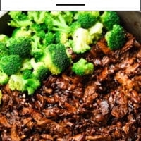Pinterest image with text of beef and broccoli, vegan