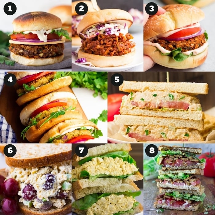 8 collage of vegan burgers and sandwiches