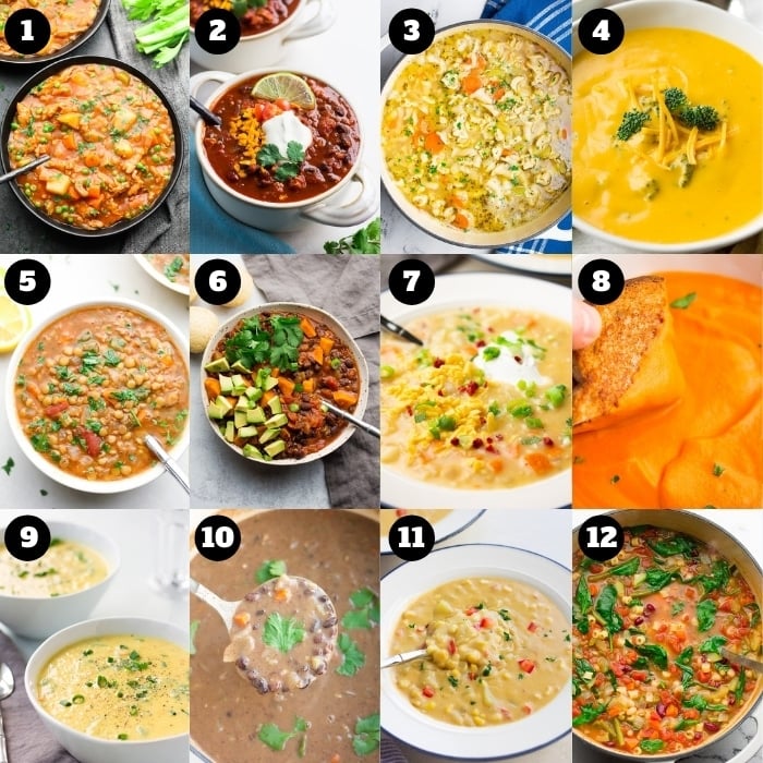 12 photo collage of vegan soup and stews