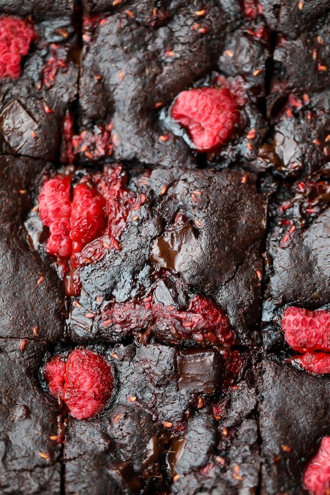 close up of raspberry brownies from top down