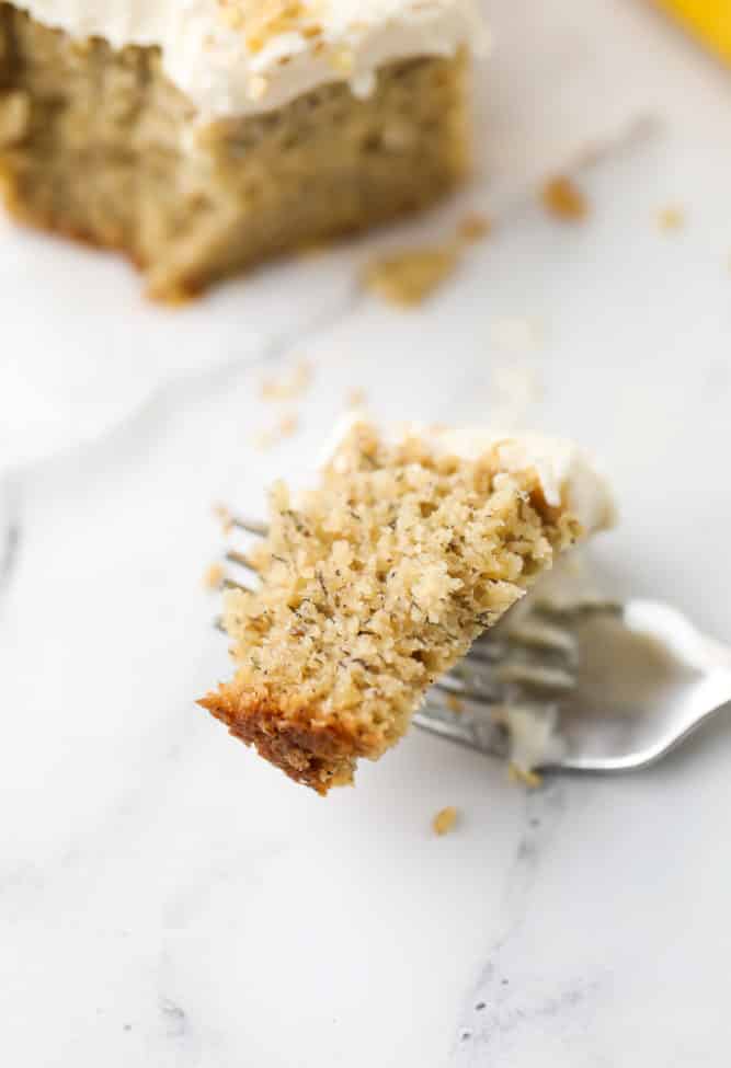 piece of vegan banana cake on a fork showing the texture