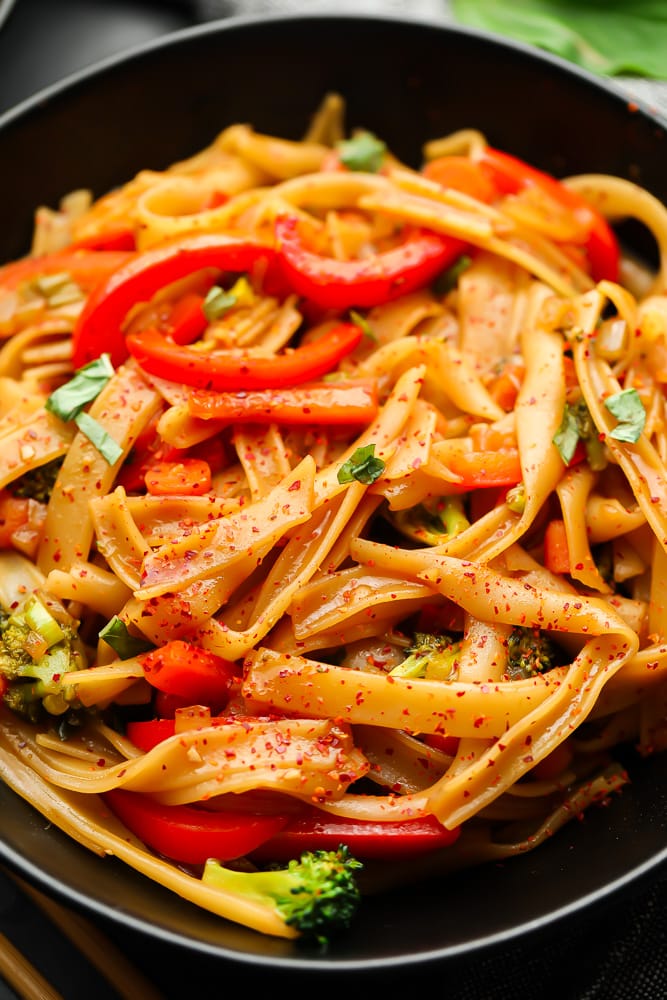 close up of a bowl of drunken Thai noodles