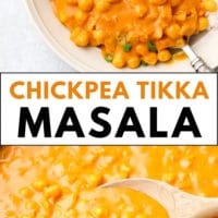 pinterest image of orange chickpea tikka masala and white rice