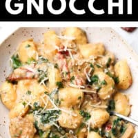 pinterest collage with text of gnocchi made vegan, tuscan creamy style.