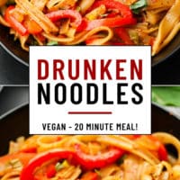 Pinterest collage with text box reading drunken noodles that are easy to make