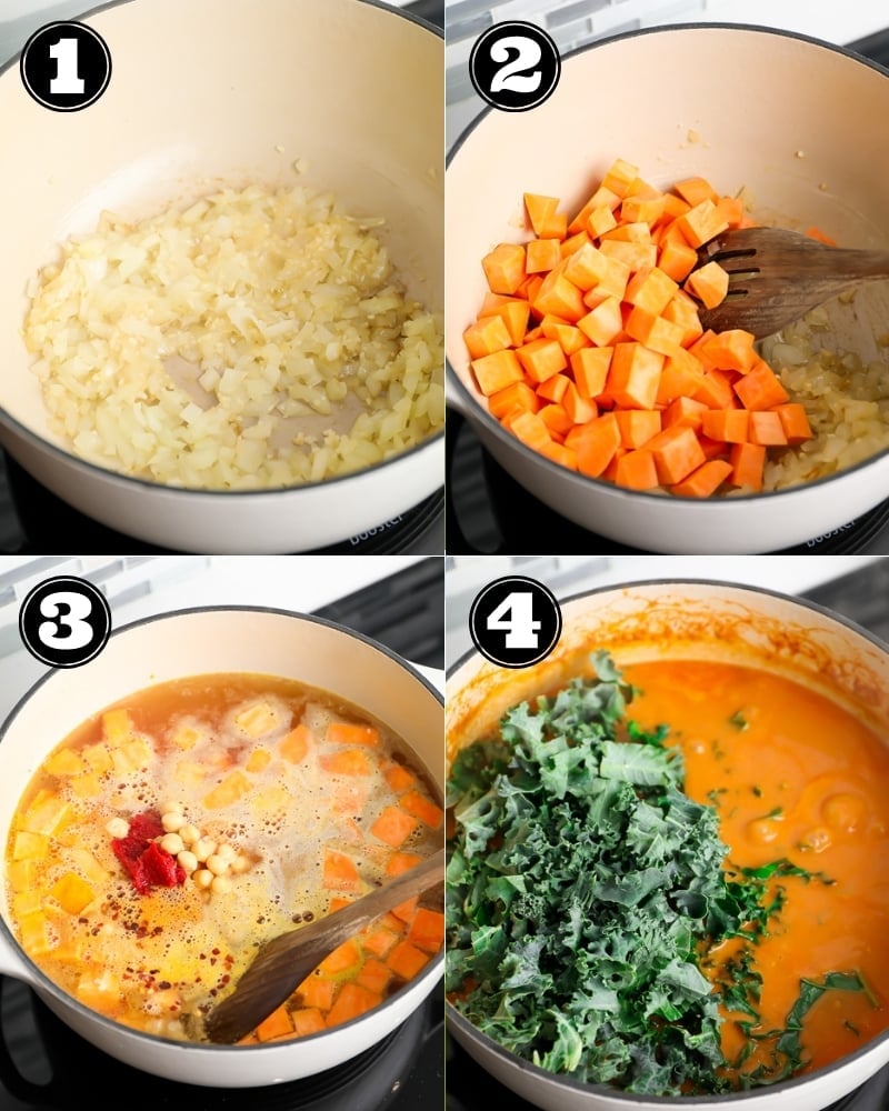 4 images showing the process of making soup with sweet potatoes and peanut butter