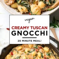 pinterest collage with text of gnocchi made vegan, tuscan creamy style.