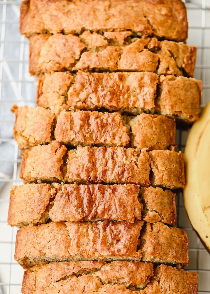 overhead few of a sliced loaf of banana bread