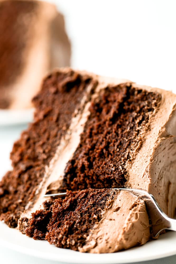 close up of a fork taking a bite out of a piece of chocolate cake